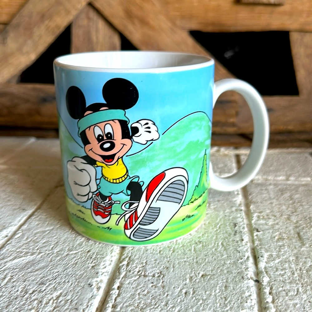 Disney 1986 Mickey Mouse Jogger Coffee Mug Applause Japan Vtg Appx 3 x 3.25"